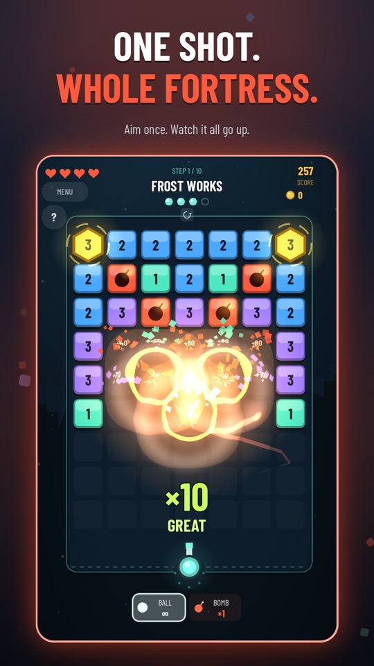A single bomb ball sets off a chain of explosions across the fortress: ×10 GREAT.